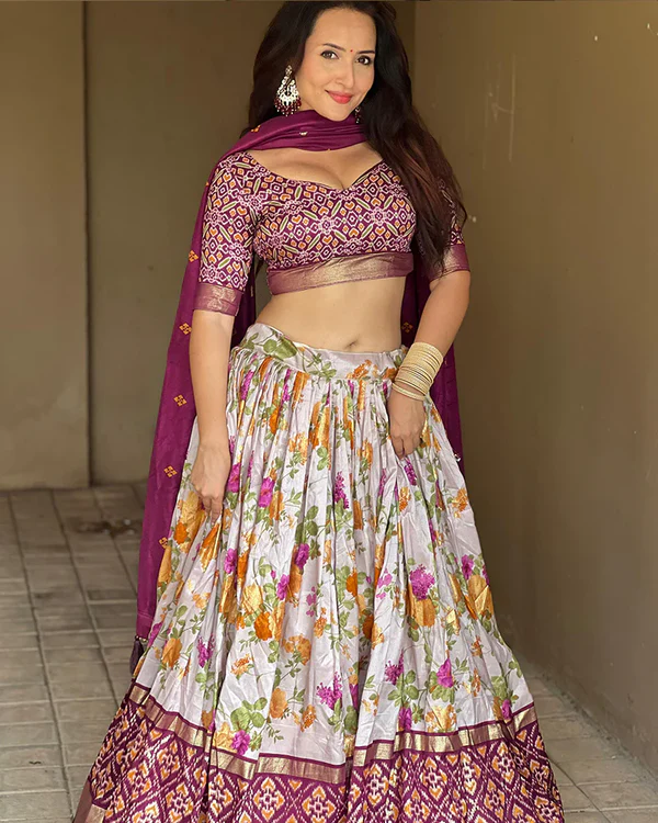 Wine Color Tussar Silk Floral And Patola Printed Lehenga Choli.