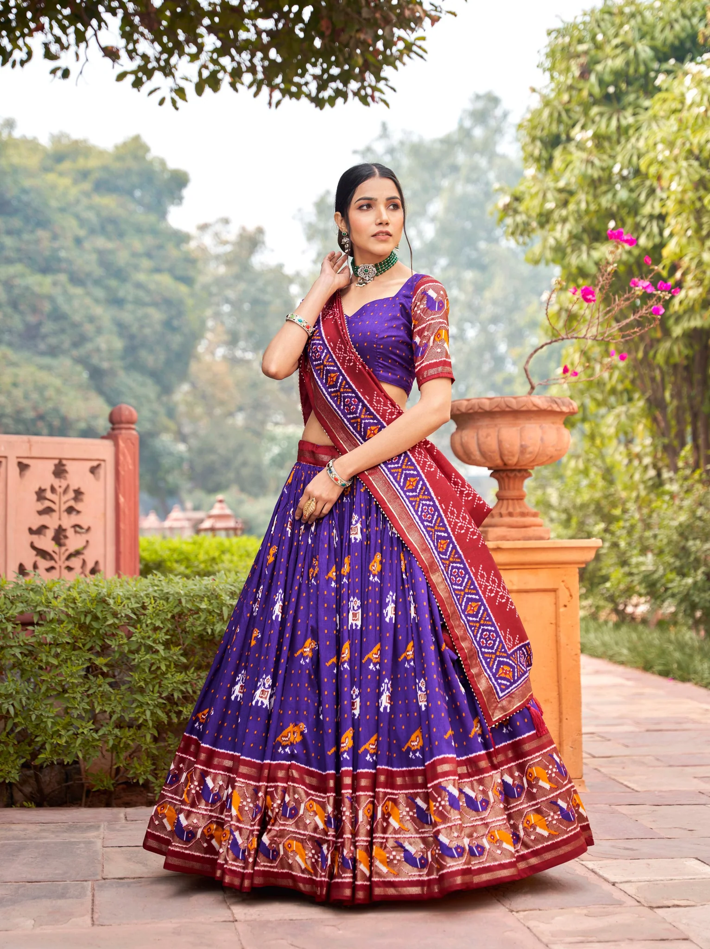 Purple Tussar Silk Lehenga Choli with Enchanting Ikat Patola Print and Foil Work.