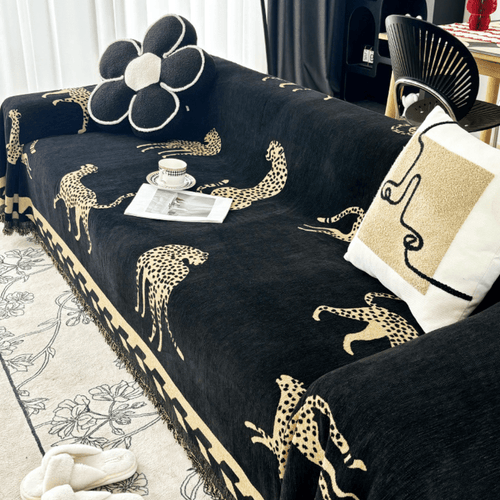 Leopard Print Black & Beige Elegance Chenille Sofa Cover