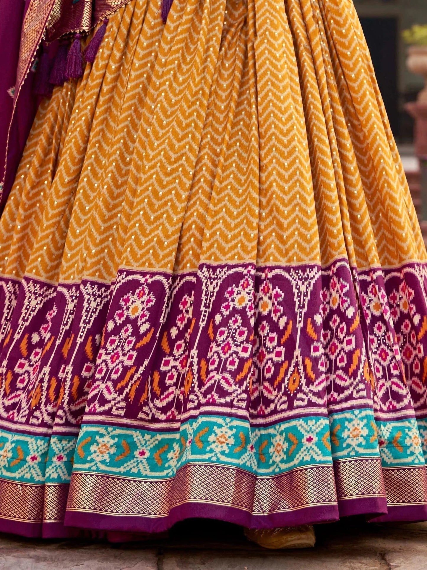 Mustard & Purple Patola Printed Silk Traditional Special Lehenga Choli.