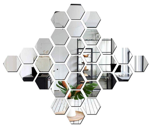 WallDaddy Mirror Stickers For Wall Pack Of 32 Hexagon Silver Color Flexible Mirror Size (10×12)Cm Each Hexagon