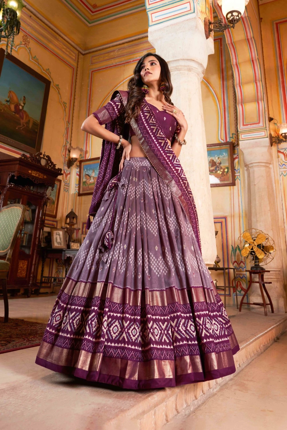 Wine Color Dot And Ikkat Print With Foil Work Tussar Silk Lehenga Choli.