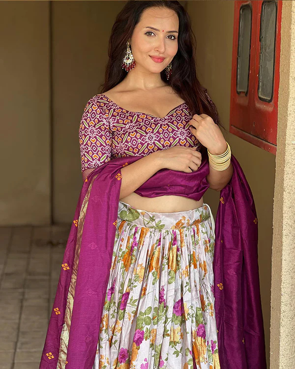 Wine Color Tussar Silk Floral And Patola Printed Lehenga Choli.