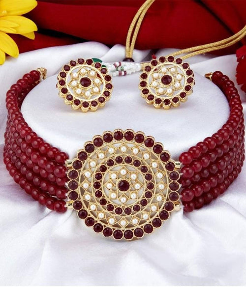 Gold-plated Maroon Jewel Set