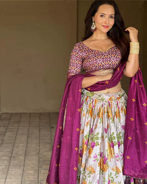 Wine Color Tussar Silk Floral And Patola Printed Lehenga Choli.