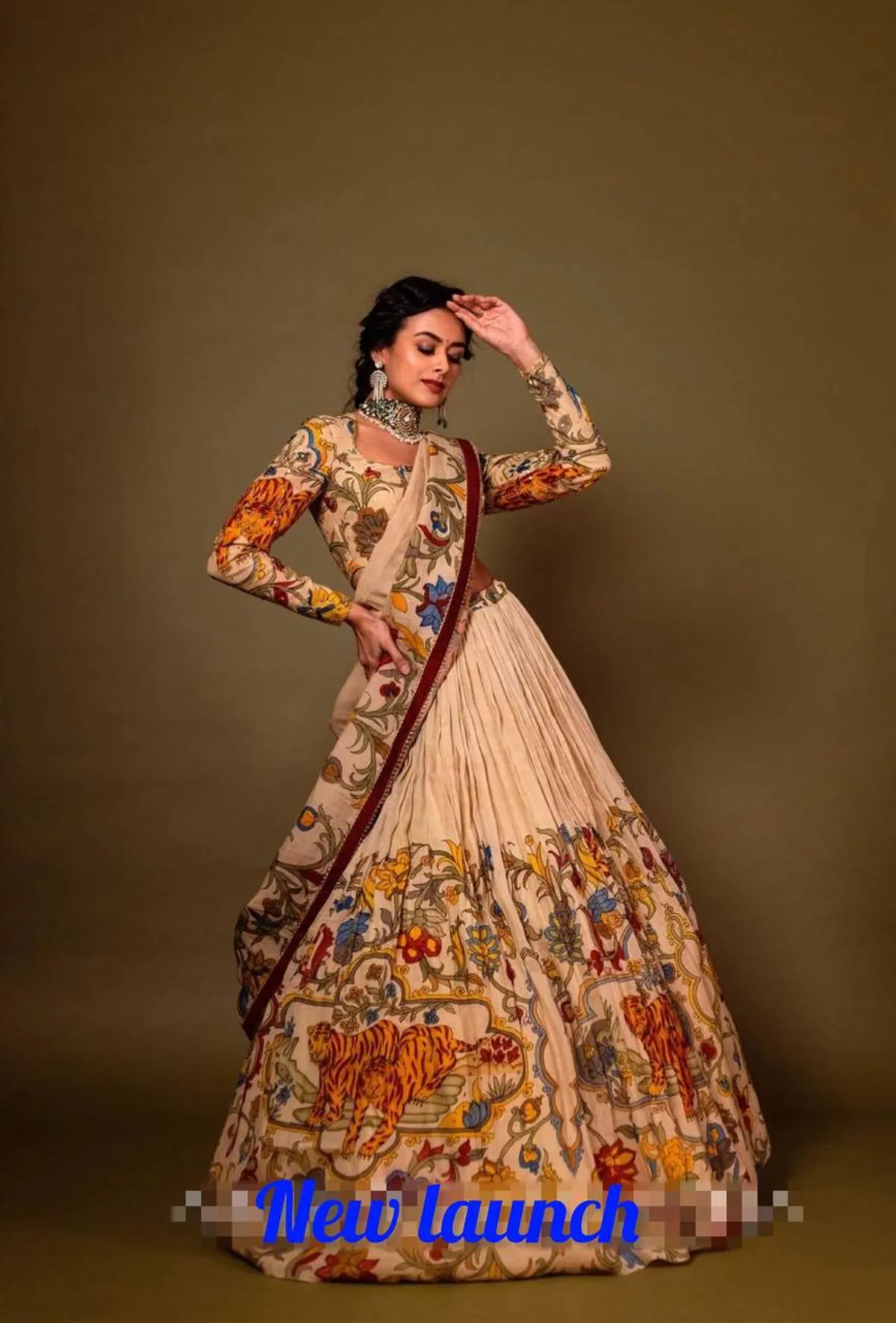 Off White Kalamkari Print Chent Crepe Silk Lehenga Choli Set