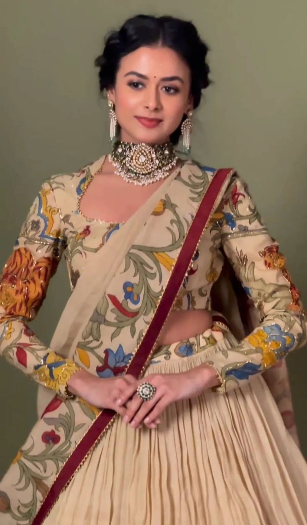 Off White Kalamkari Print Chent Crepe Silk Lehenga Choli Set