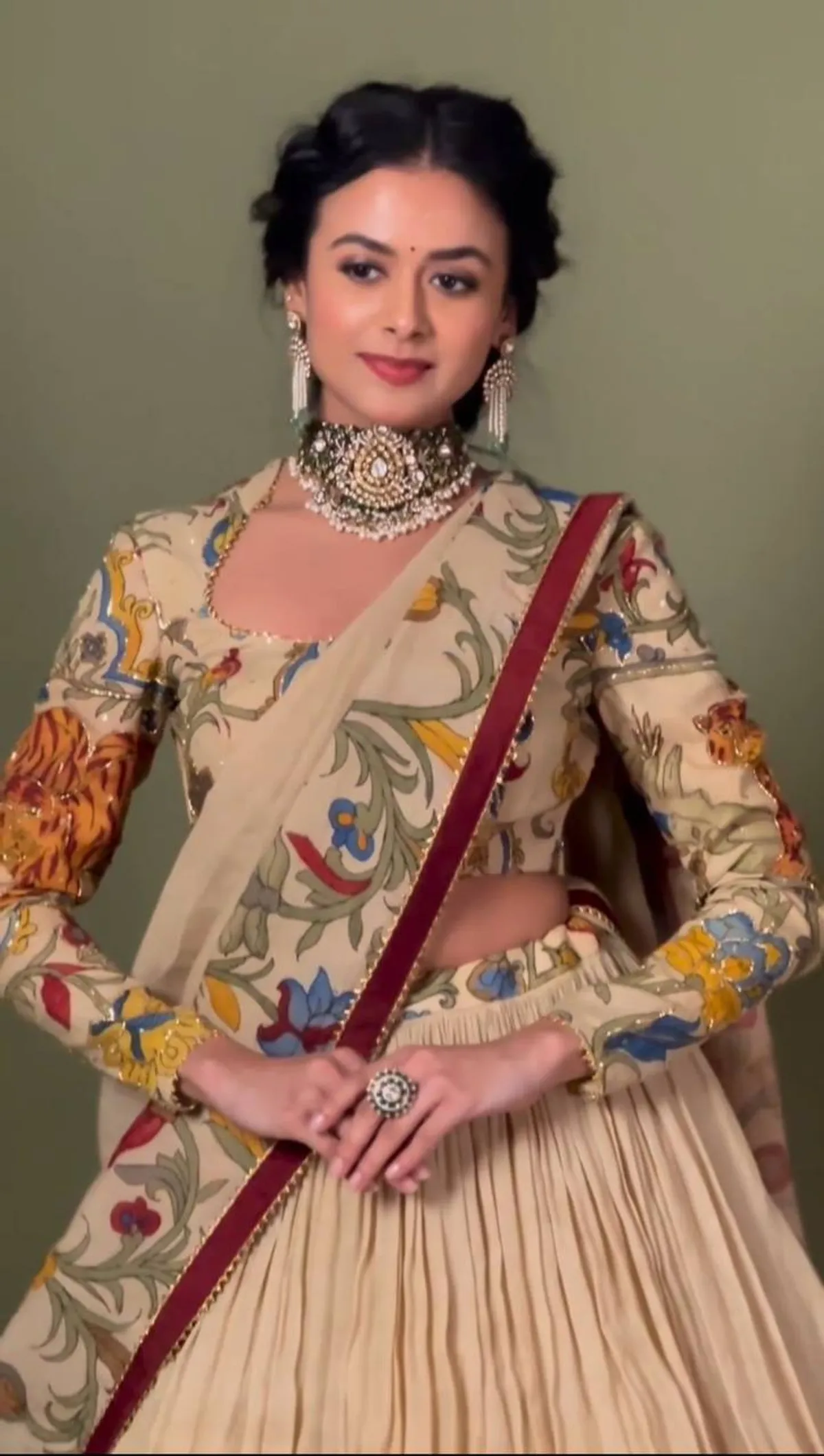Off White Kalamkari Print Chent Crepe Silk Lehenga Choli Set