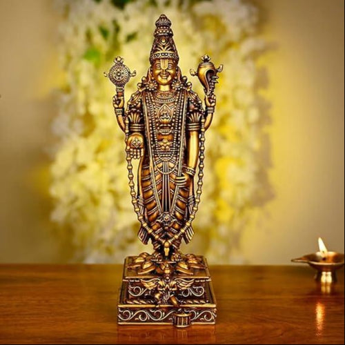 Lord Vishnu Brass Statue, Lord Tirupati Balaji Shri Venkateshwara Swami Idol, Gold-Toned Temple Decor