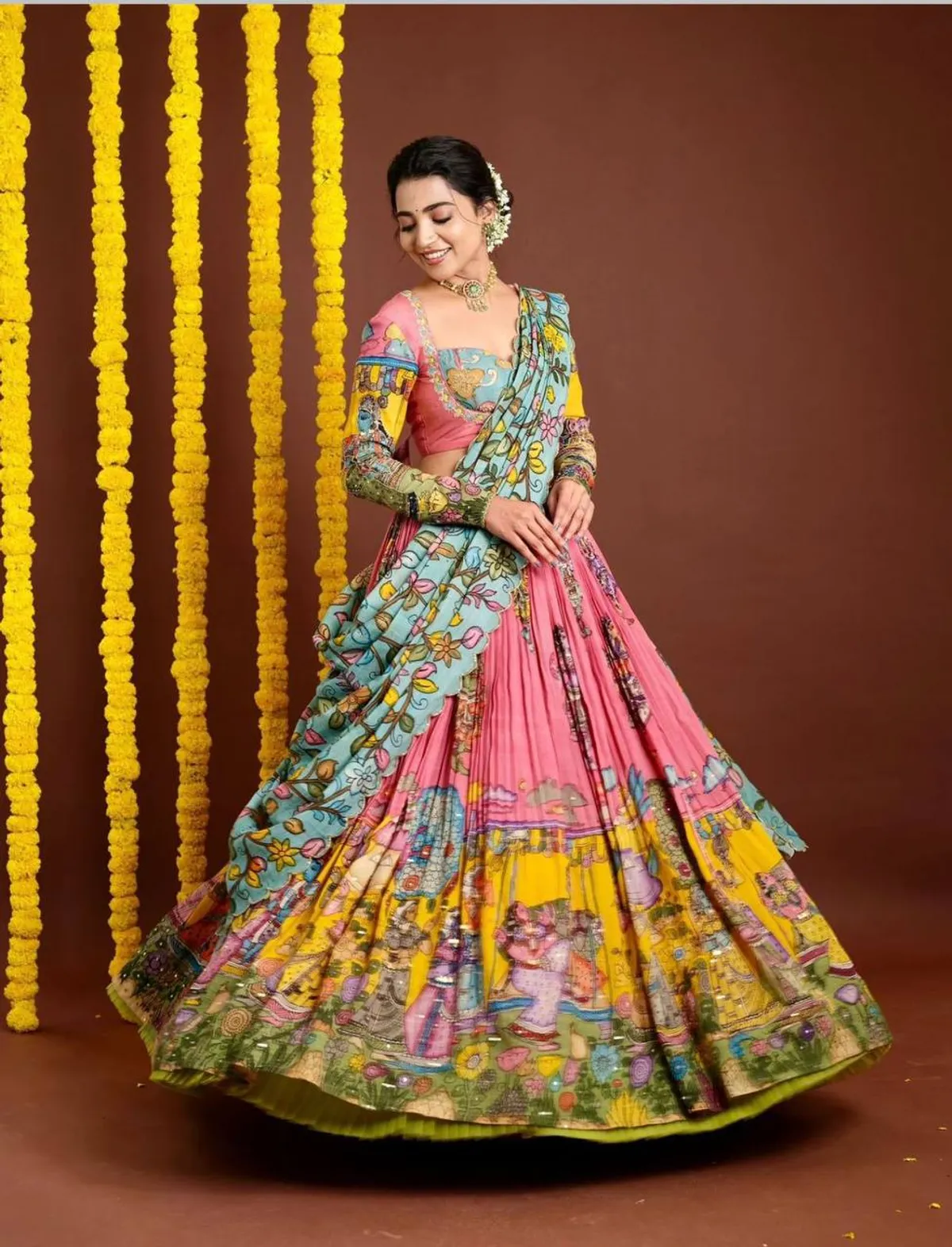 Kalamkari Floral Lehenga Choli With Dupatta.