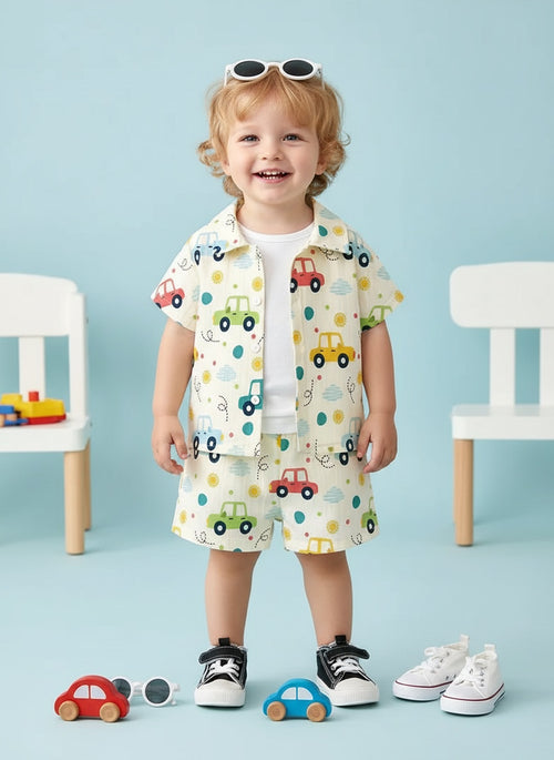 Unisex Cotton Co-ord Set with Car Print | Summer Half Sleeve Shirt and Shorts Set |Kids Casual Shirt & Shorts | Cotton Half Sleeve Shirt & Shorts | Baby Boy Girl Co-ord Set