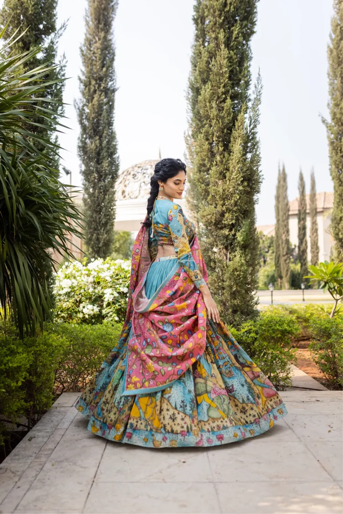 Kalamkari Print Lehenga Choli with Full Sleeves and Lace Border Dupatta