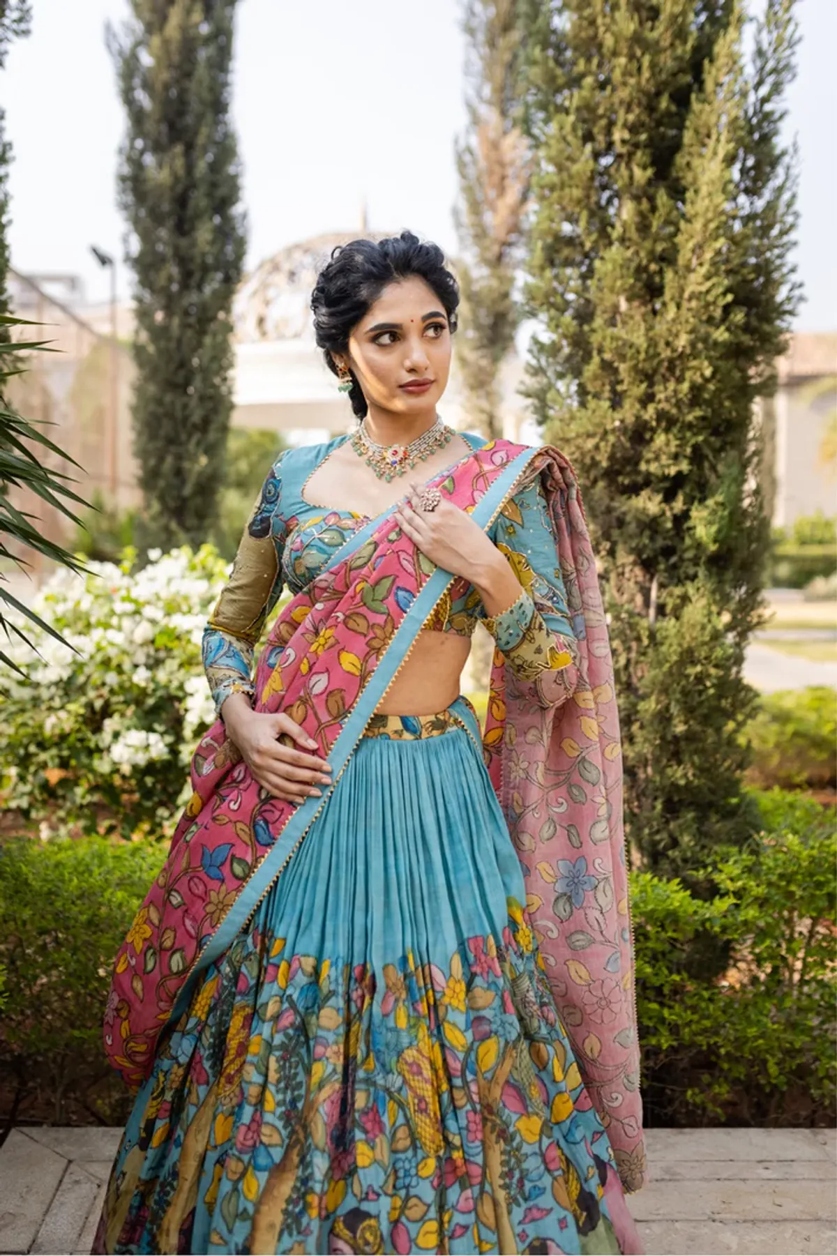 Kalamkari Print Lehenga Choli with Full Sleeves and Lace Border Dupatta