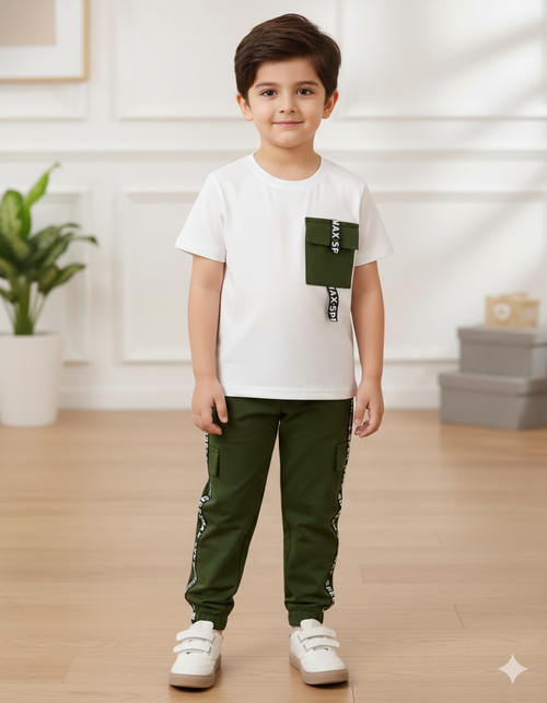 Max Speed Utility Cargo Co-ord Set White & Olive Green