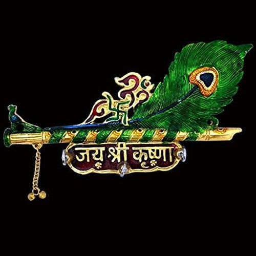 Oxide Metal Decorative Meenakari Jai Shree Krishna Basuri Metallic Key Holder with 3 Hooks-Hangers Showpiece