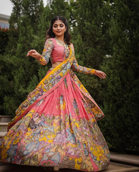 Introducing the Kalamkari Printed Pink Lehengha Choli (Blouse unstiched)