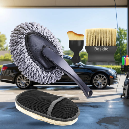 4-in-1 Premium Car Cleaning Kit | Complete Exterior & Interior Detailing Combo (Duster, Detailing Brushes & Microfiber Wash Mitt