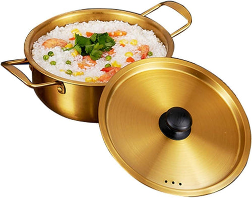 Korean Ramen Noodle Pot Stainless Steel Ramyun Cooker with Double Handle and Lid Soup Stew Pot Stockpot Instant Cooking Bowl for Home Restaurant 24cm Golden