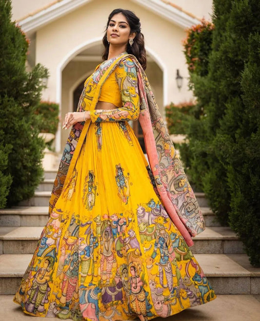 Fully Stiched Yellow Kalmkari Lehengha Choli