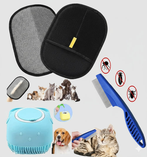 Pet Grooming Combo Set – Hair Remover Glove, Fine Tooth Flea Comb & Silicone Bath Brush for Dogs & Cats