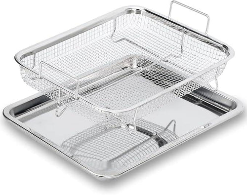 Air Fry Basket with Tray Stainless Steel Fryer Oven Accessories Baking Crispy Chicken Pan Non Stick Grill Rectangle French Fries Rack and Carbon Pan Crisper Mesh Set