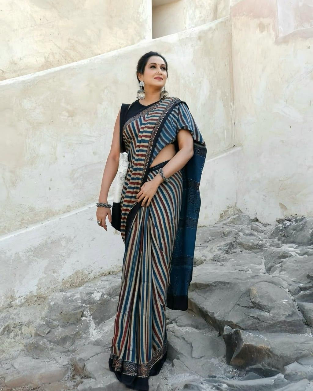 Ajrakh Primum Modal Silk Saree With Blouse  For Women