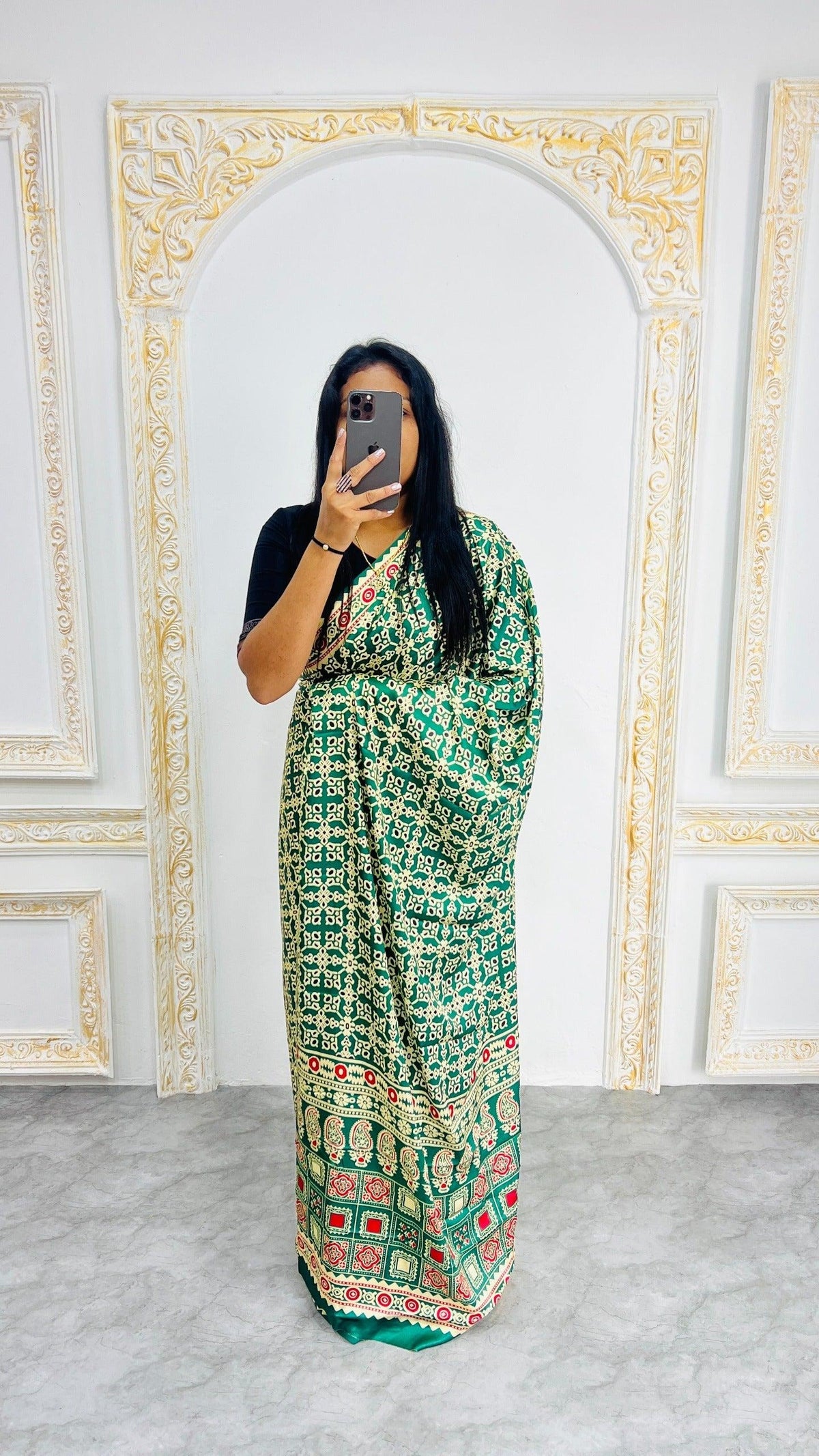 Green Ajrakh Primum Modal Silk Saree With Blouse For Women