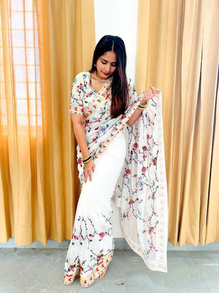 Multi Colour Embroidery Saree For Partywear For Women