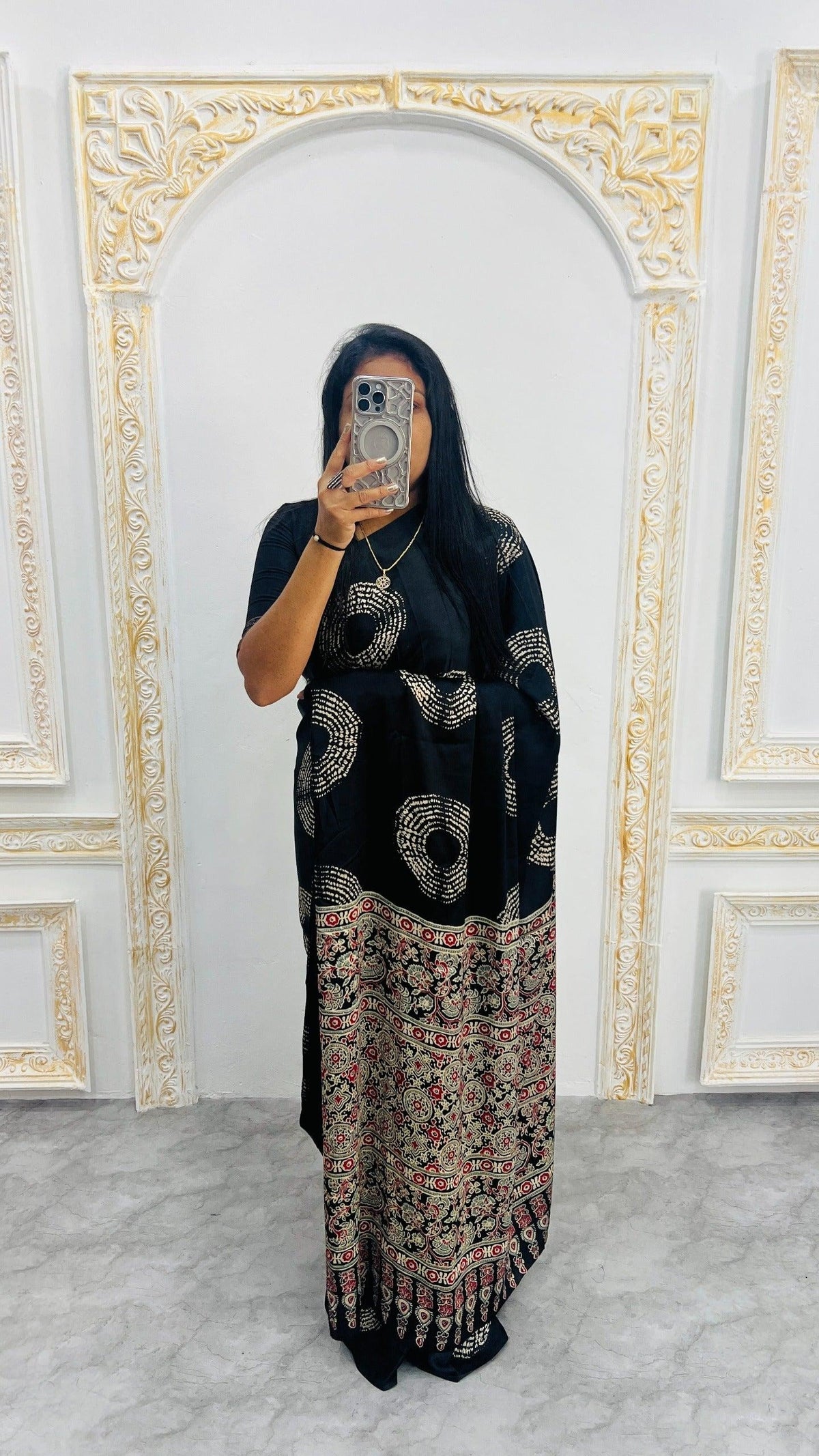 Beautiful Black Ajrakh Pure Gajji Silk Saree WIth Tasselk For Women