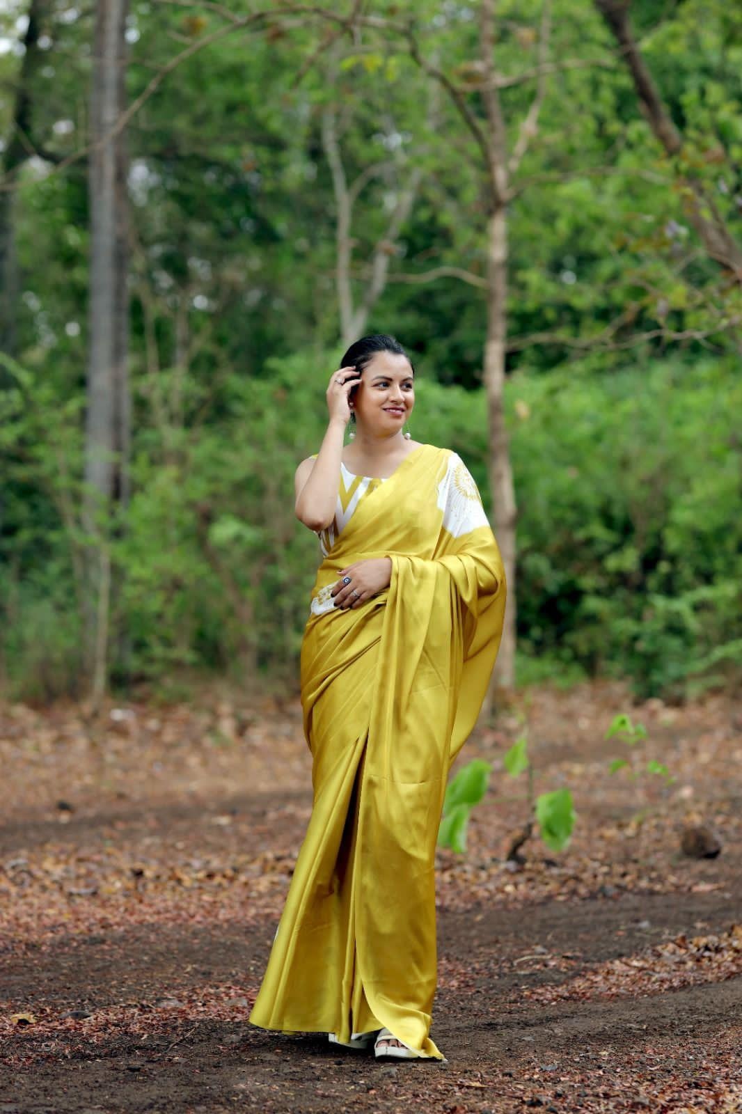 Yellow Ajrakh Primum Modal Silk Saree With Blouse For Women