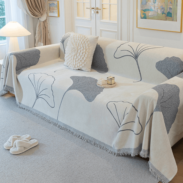 Ginkgo Leaf Print Grey Elegance Chenille Sofa Cover :[EM-SC-29] Style-4