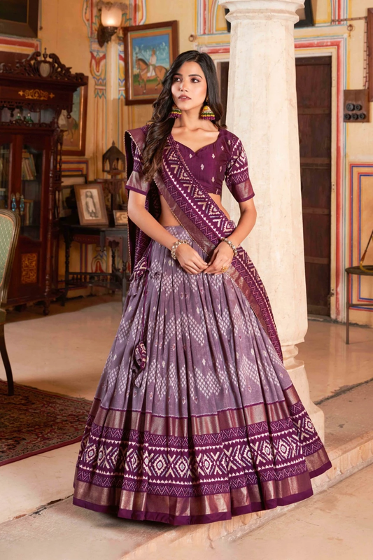 Wine Color Dot And Ikkat Print With Foil Work Tussar Silk Lehenga Choli.
