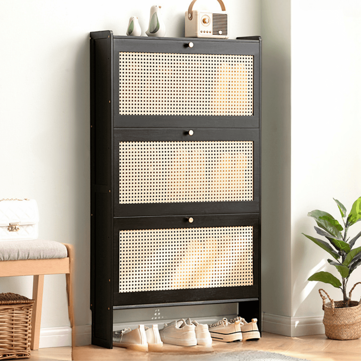 Multi-Layer Bamboo Wooden Shoe Organizer with Dustproof Doors (Black-70cm)