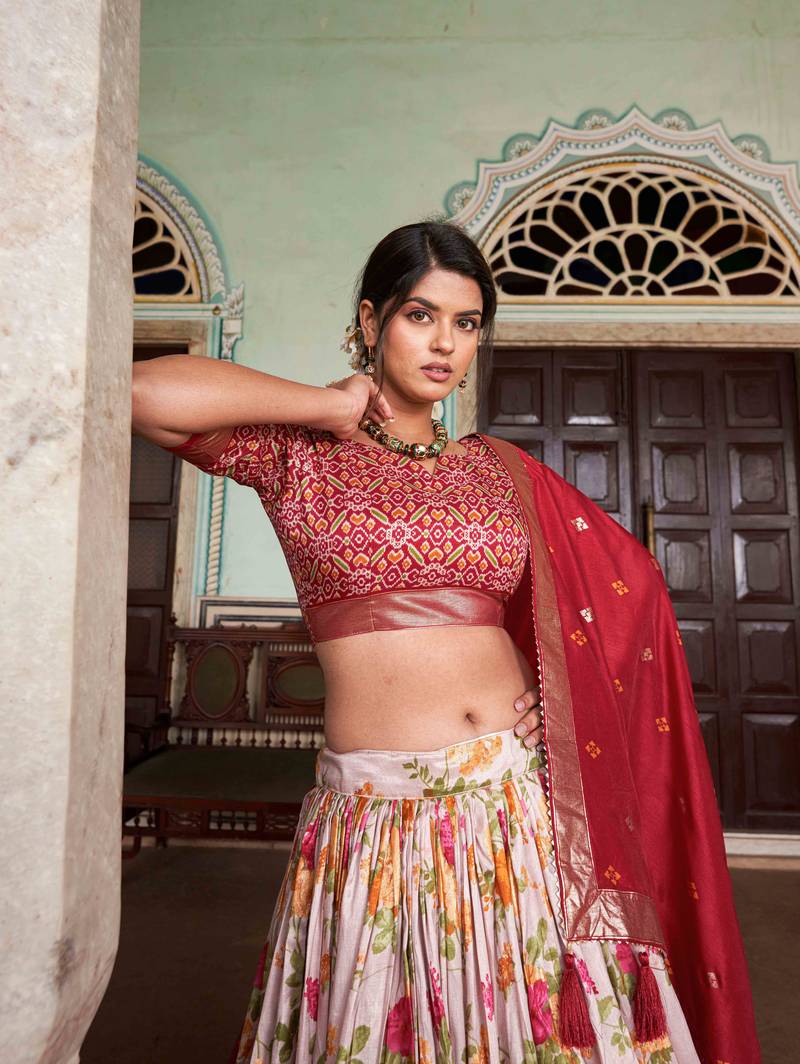 Fascinating White & Red Patola Printed Tussar Silk Lehenga Choli.