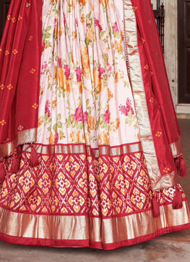 Fascinating White & Red Patola Printed Tussar Silk Lehenga Choli.