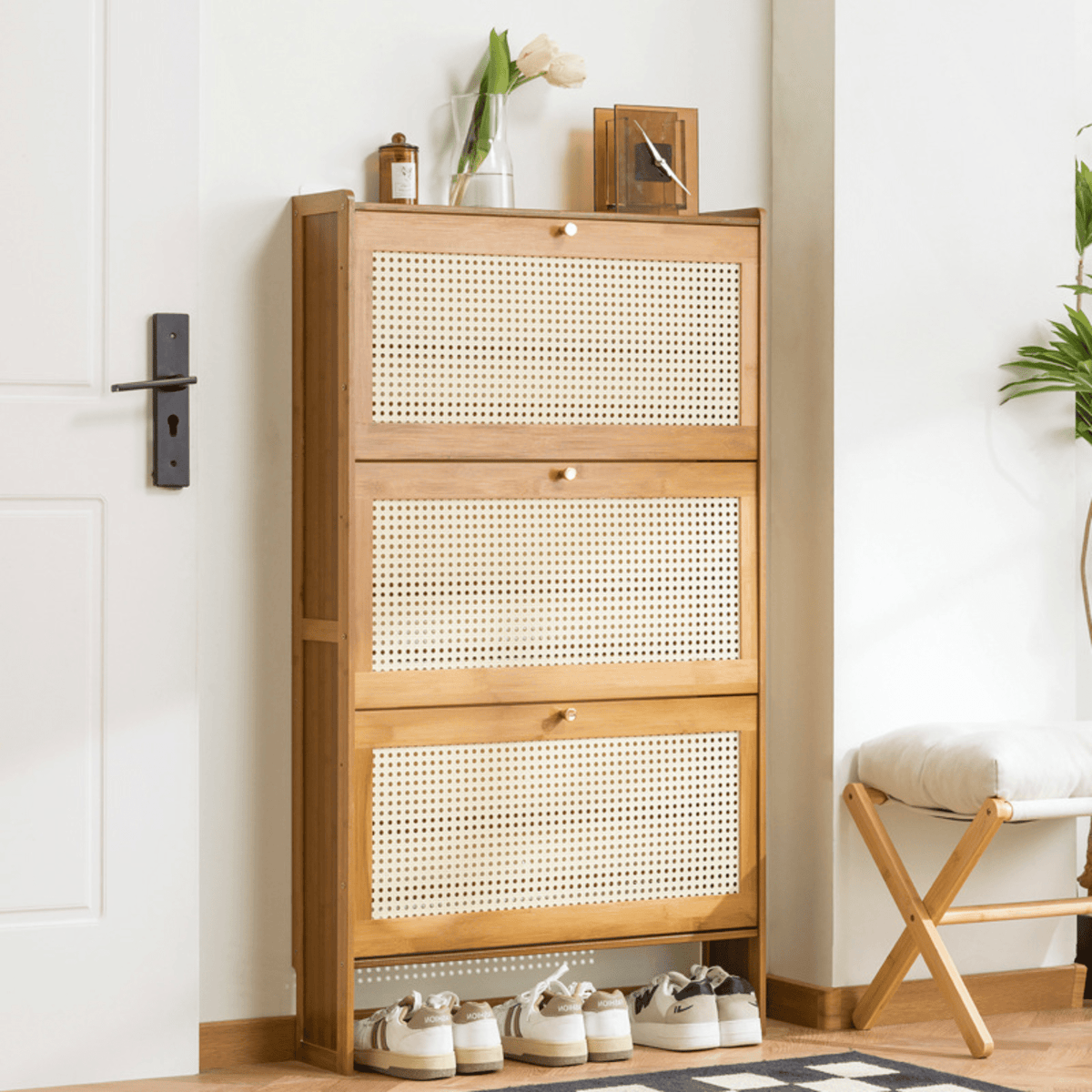 Multi-Layer Bamboo Wooden Shoe Organizer with Dustproof Doors (Brown-70cm)