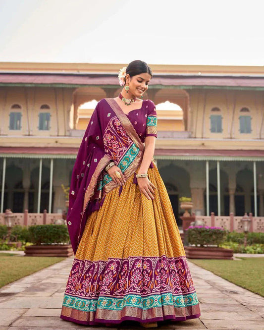 Mustard & Purple Patola Printed Silk Traditional Special Lehenga Choli.