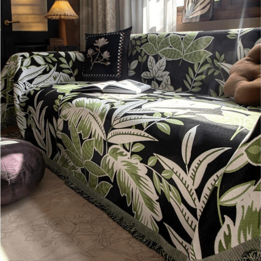 Leaf Print Green Elegance Chenille Sofa Cover
