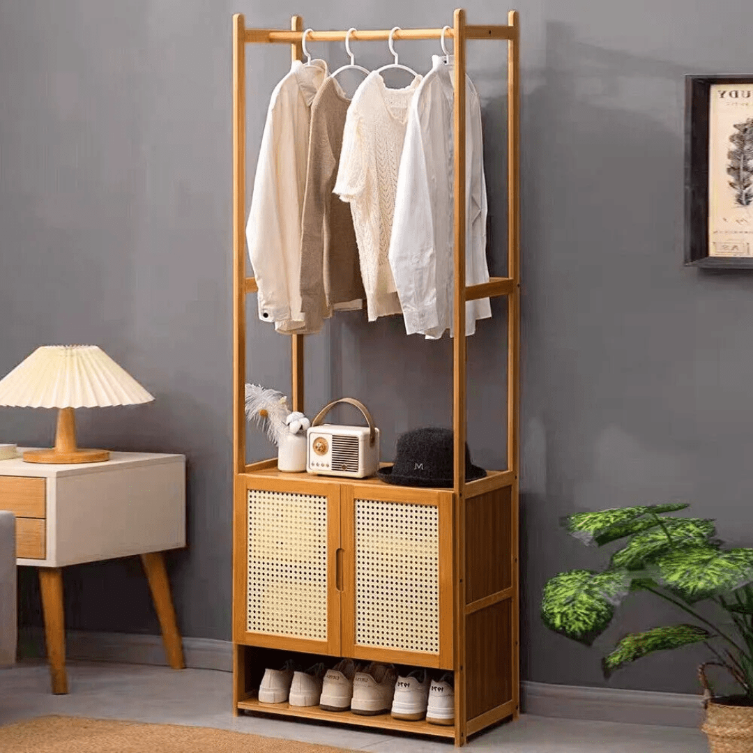 Multi-Purpose Bamboo Wood Clothing Rack Organizer with Shoe Rack (Brown-62cm)