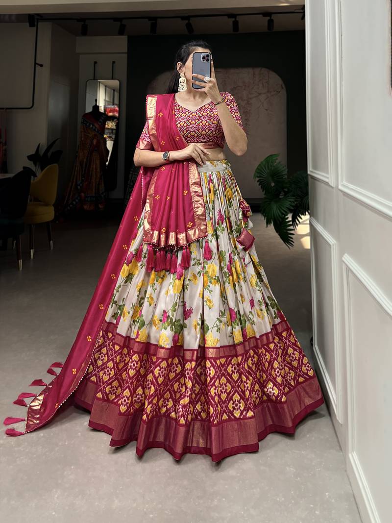 Designer premium multi color function wear floral and patola print with foil work tussar silk lehenga choli.