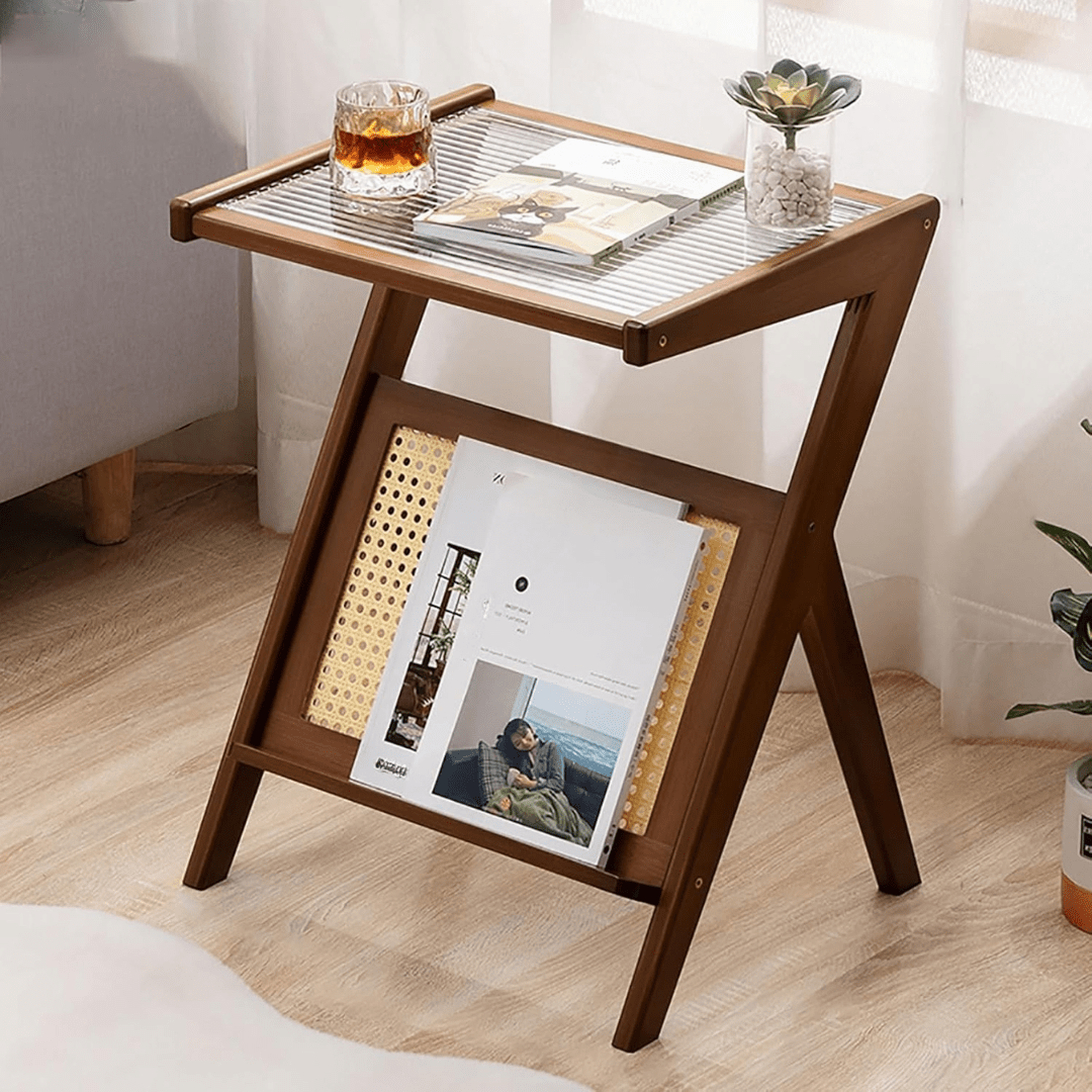 Modern Bamboo Side Table with Glass & Storage Shelf (Brown-55cm)