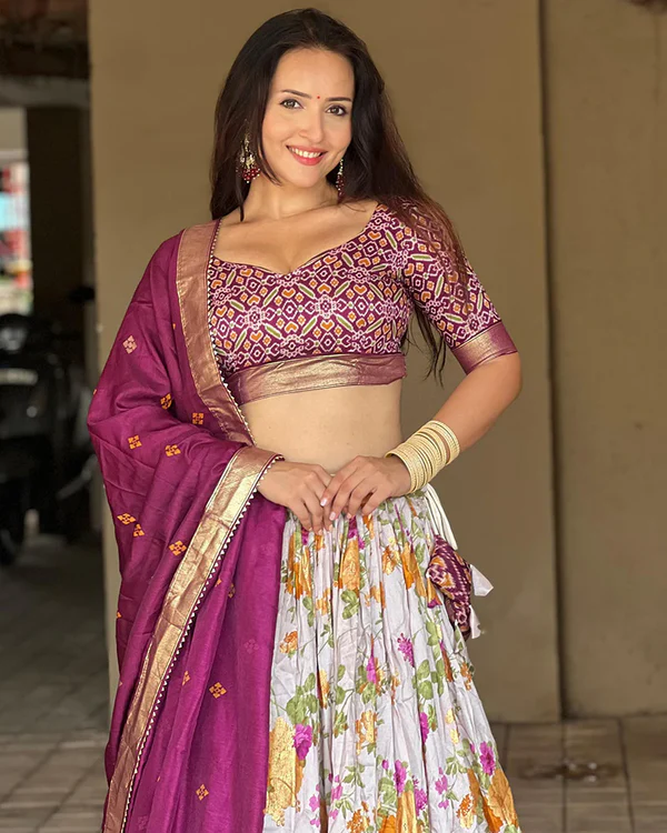 Wine Color Tussar Silk Floral And Patola Printed Lehenga Choli.