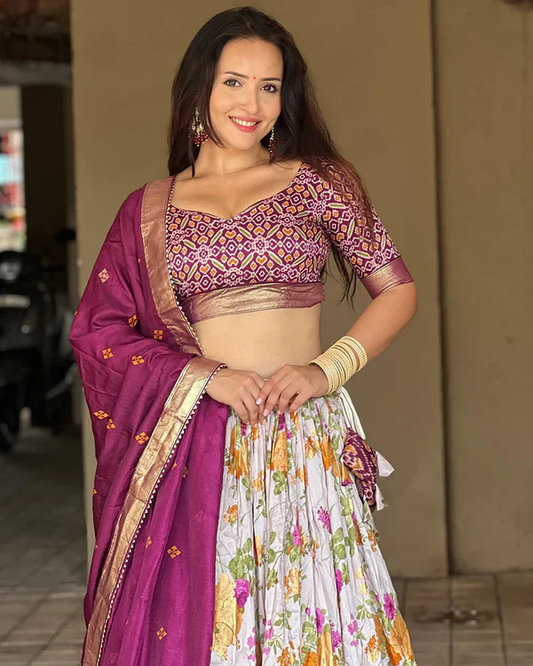 Wine Color Tussar Silk Floral And Patola Printed Lehenga Choli.