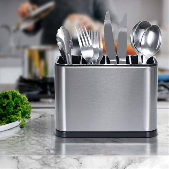 Stainless Steel Kitchen Utensil Holder Drainer | Cutlery & Flatware Organizer Sinkware Caddy – Modern Rectangular Countertop Stand