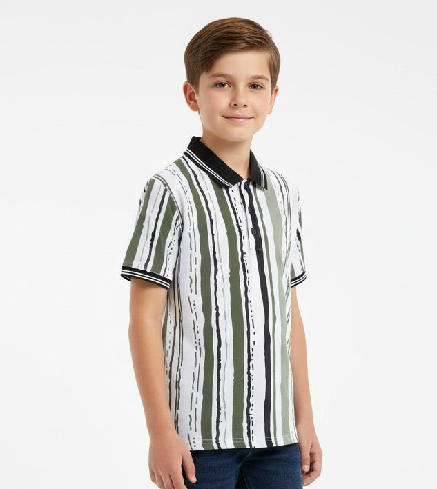 Boys Olive Green Striped Polo T-Shirt
