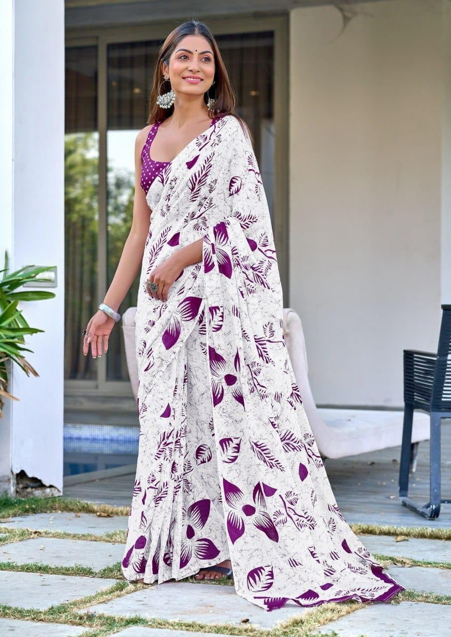 White Purple Designer Soft Cotton Saree For Women