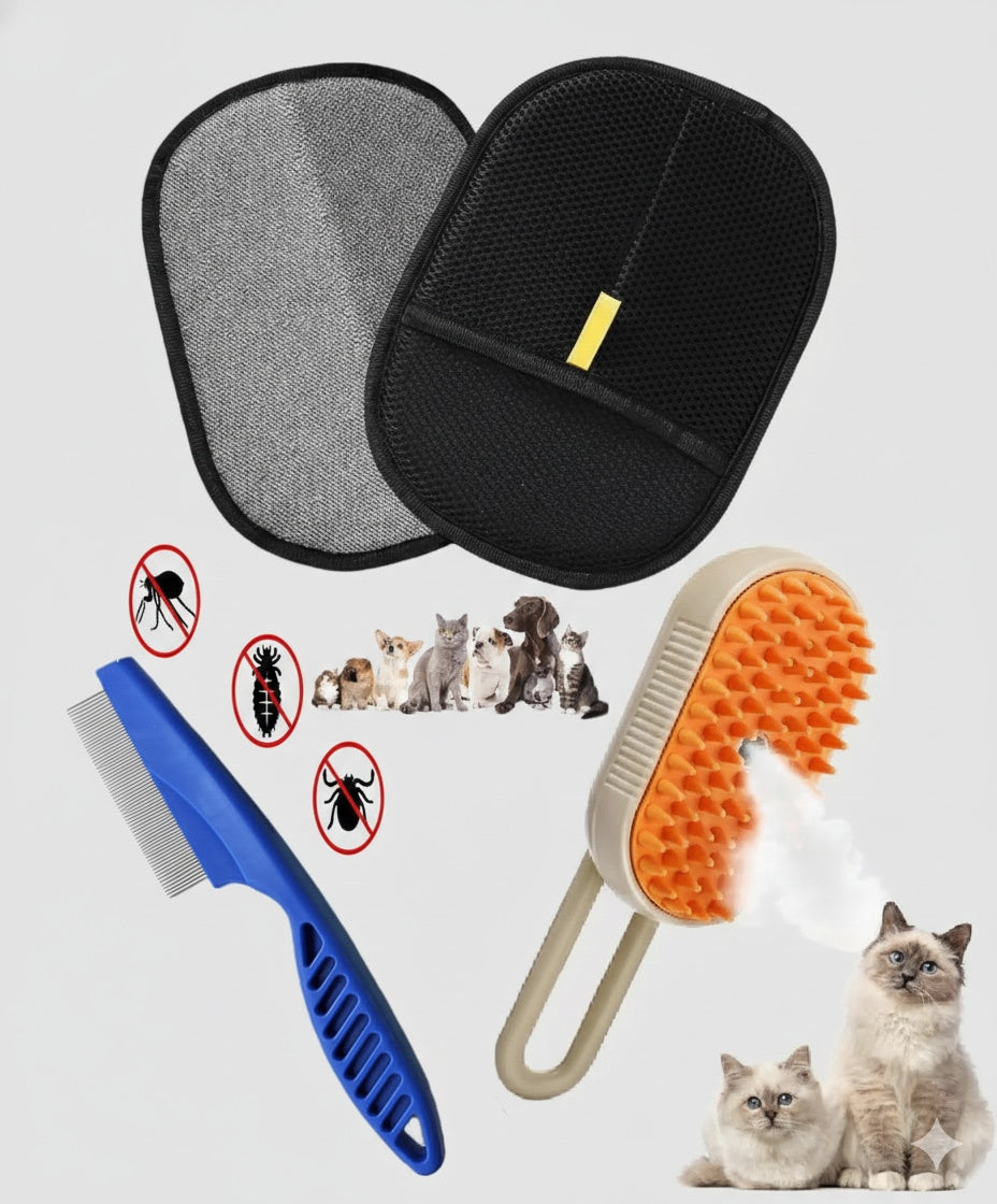 Pet Grooming & Flea Removal Kit – Deshedding Glove, Fine Tooth Comb & Massage Brush for Dogs & Cats | Hair Removal, Tick & Lice Cleaner Tool Set (Pack of 3)