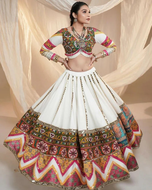 Soft Silk With Digital Print And Real Mirror Work Women Lehenga Choli - White - Free Size