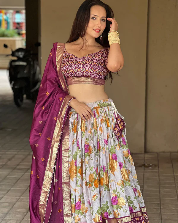 Wine Color Tussar Silk Floral And Patola Printed Lehenga Choli.