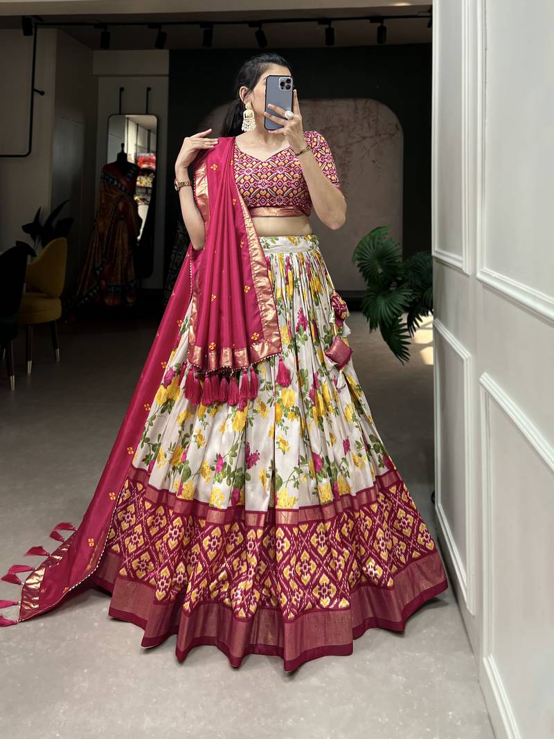 Designer premium multi color function wear floral and patola print with foil work tussar silk lehenga choli.